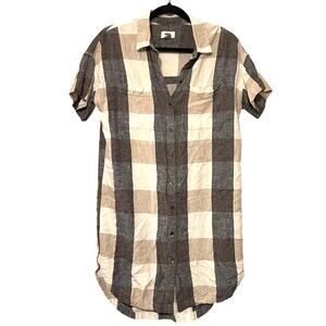 Old Navy Cream Gray Plaid T-Shirt Dress Flannel Print Collared Shirt Size Medium
